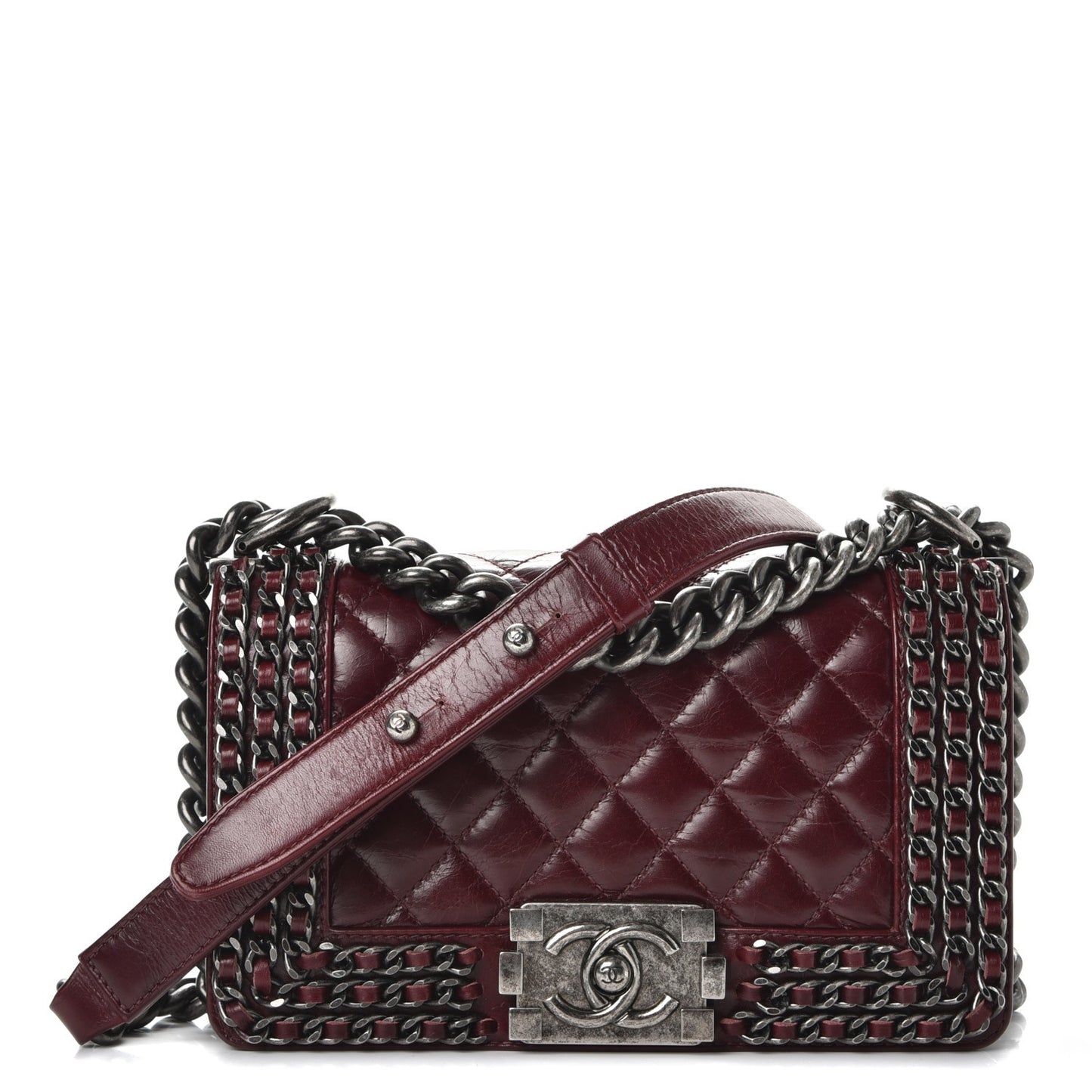 Glazed Calfskin Quilted Small Boy Chained Flap Burgundy