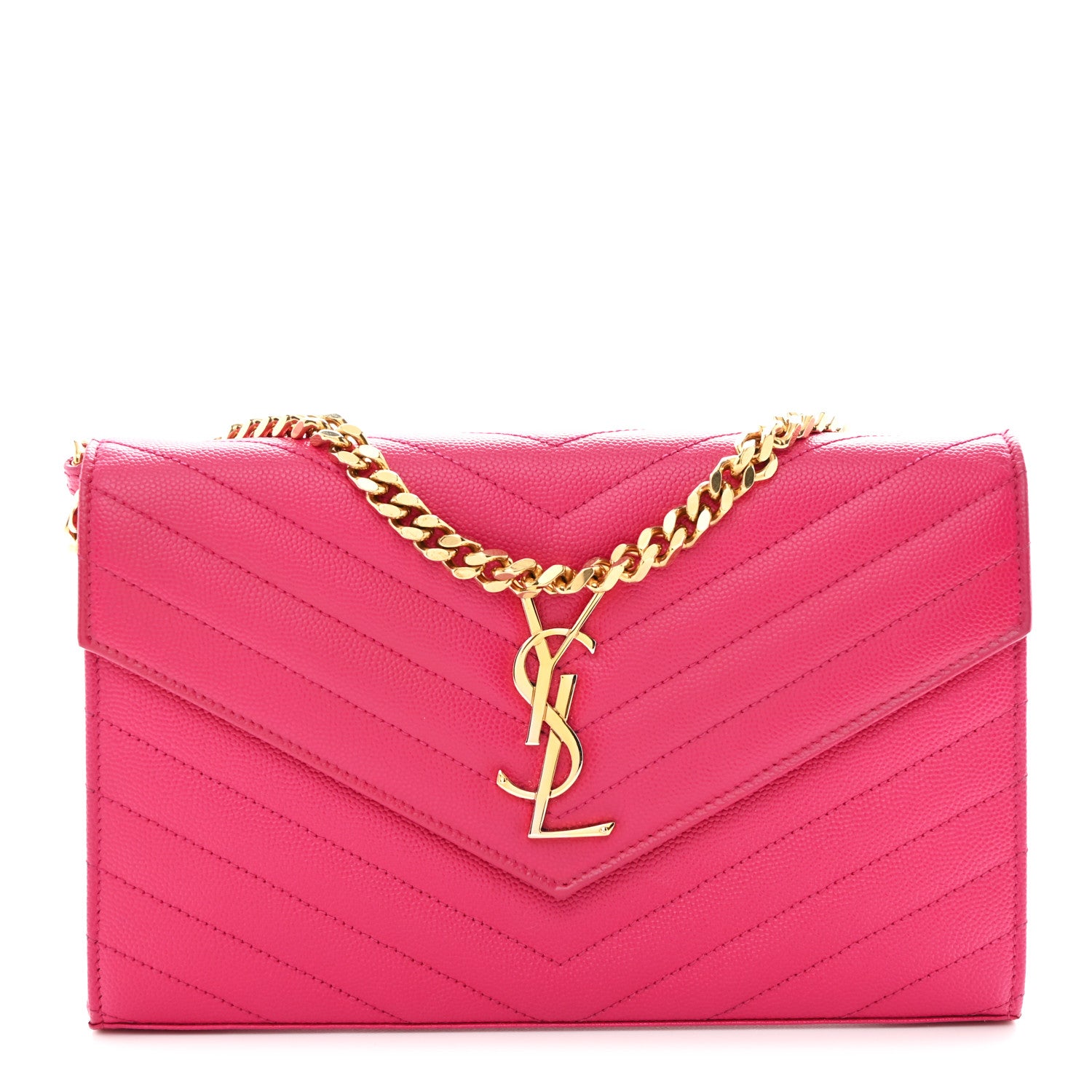 Saint Laurent Grain De Poudre Matelasse Chevron Monogram Chain Wallet Lipstick Fuchsia 1 of 15