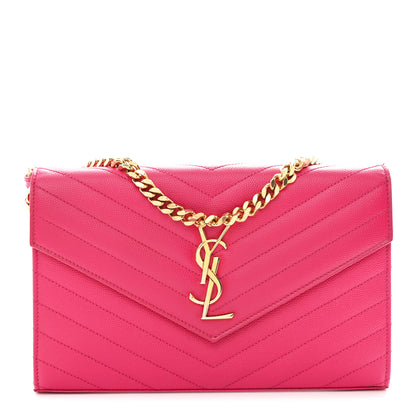 Saint Laurent Grain De Poudre Matelasse Chevron Monogram Chain Wallet Lipstick Fuchsia 1 of 15