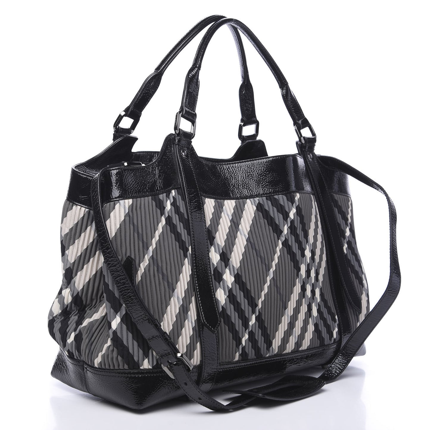 Nylon Beat Check Pleated East West Tote Black