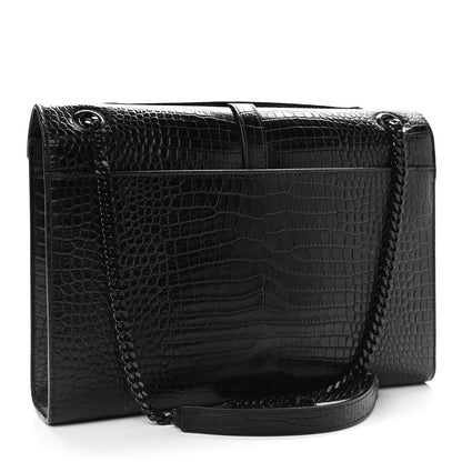 Saint Laurent Calfskin Crocodile Embossed Monogram Large Satchel Black 3 of 15