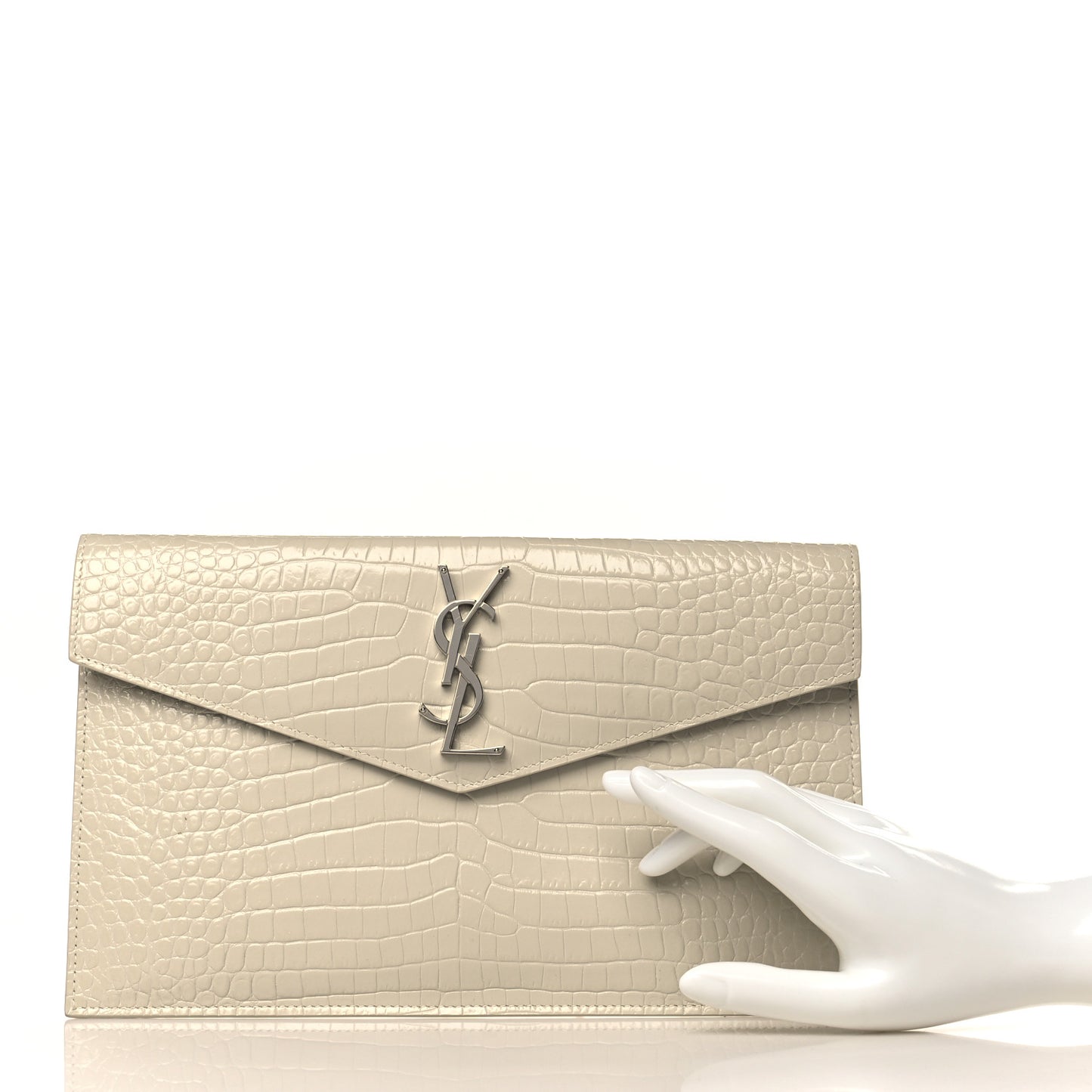 Calfskin Crocodile Embossed Uptown Monogram Pouch Crema Soft