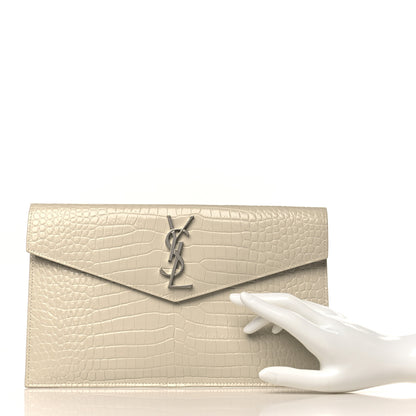 Saint Laurent Calfskin Crocodile Embossed Uptown Monogram Pouch Crema Soft 2 of 9