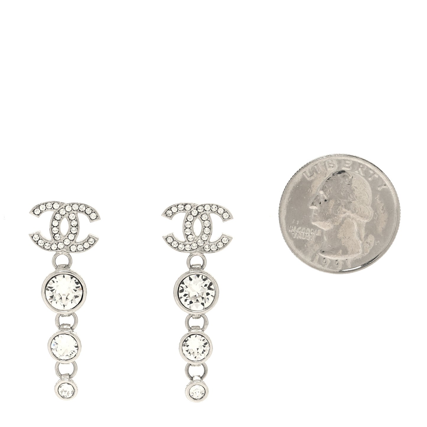Metal Crystal CC Drop Earrings Silver