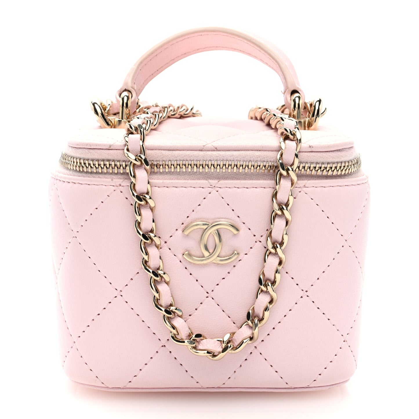 Lambskin Quilted Mini Top Handle Vanity Case With Chain Light Pink