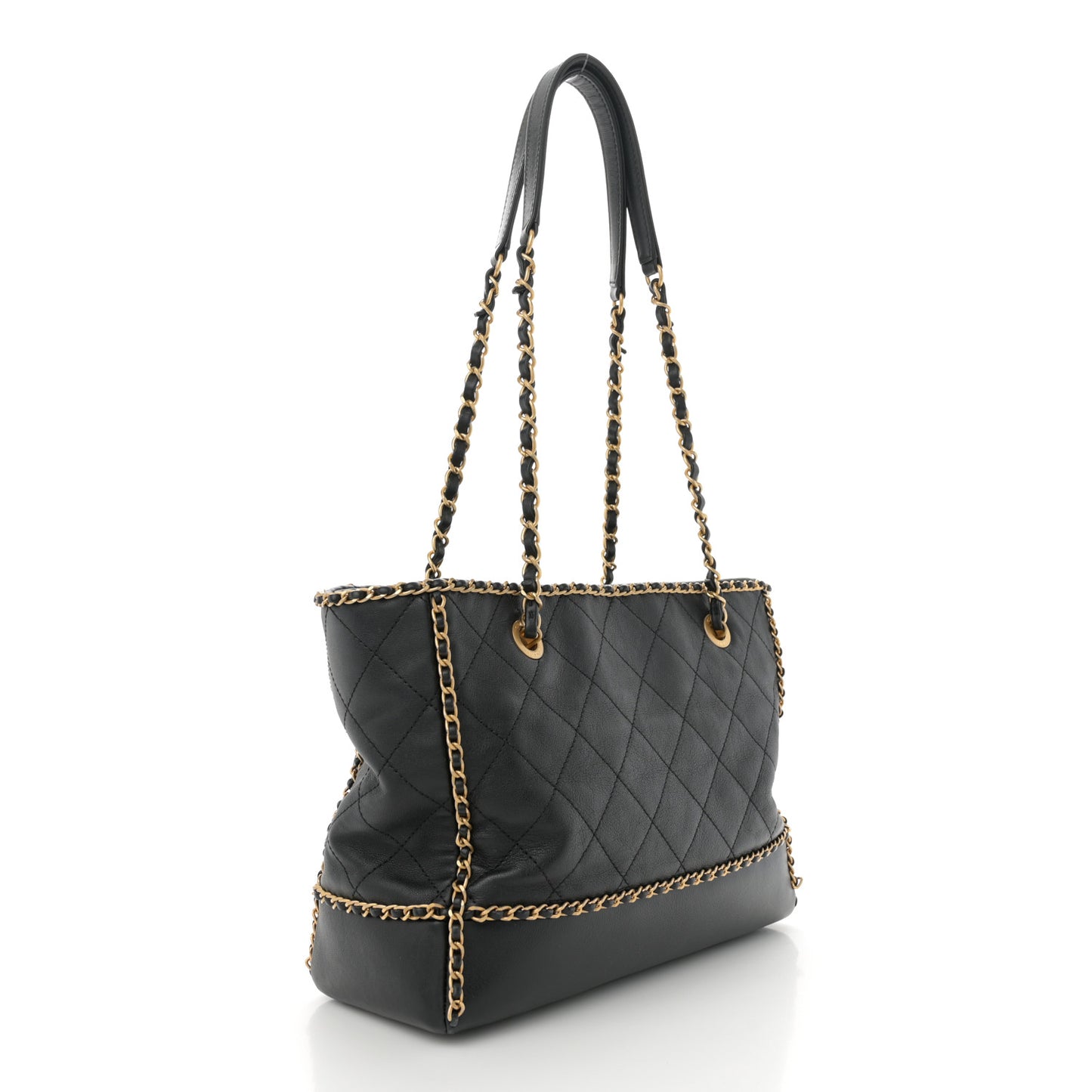 Calfskin Quilted Chain Lines Shopping Tote Black
