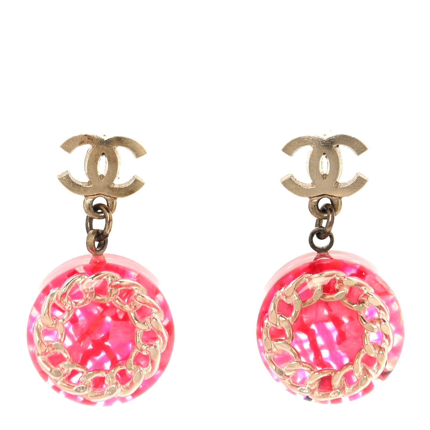 Resin Chain Tweed CC Drop Earrings Pink Gold