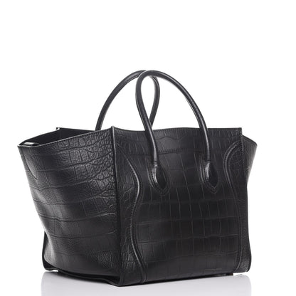 Celine Crocodile Embossed Calfskin Medium Phantom Luggage Black 3 of 8