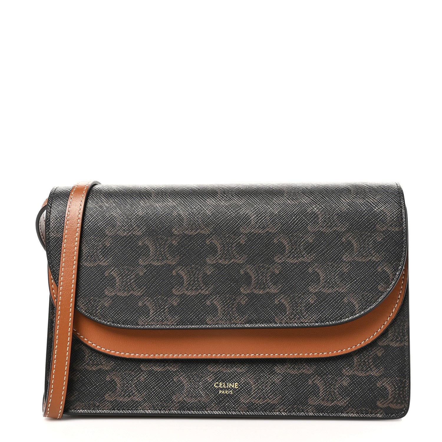 Celine Triomphe Canvas Lambskin Wallet On Strap Tan 1 of 11