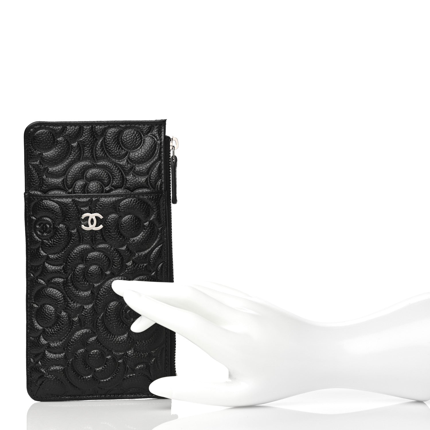 Chanel Caviar Camellia Embossed Classic Flat Wallet Pouch Black 2 of 11