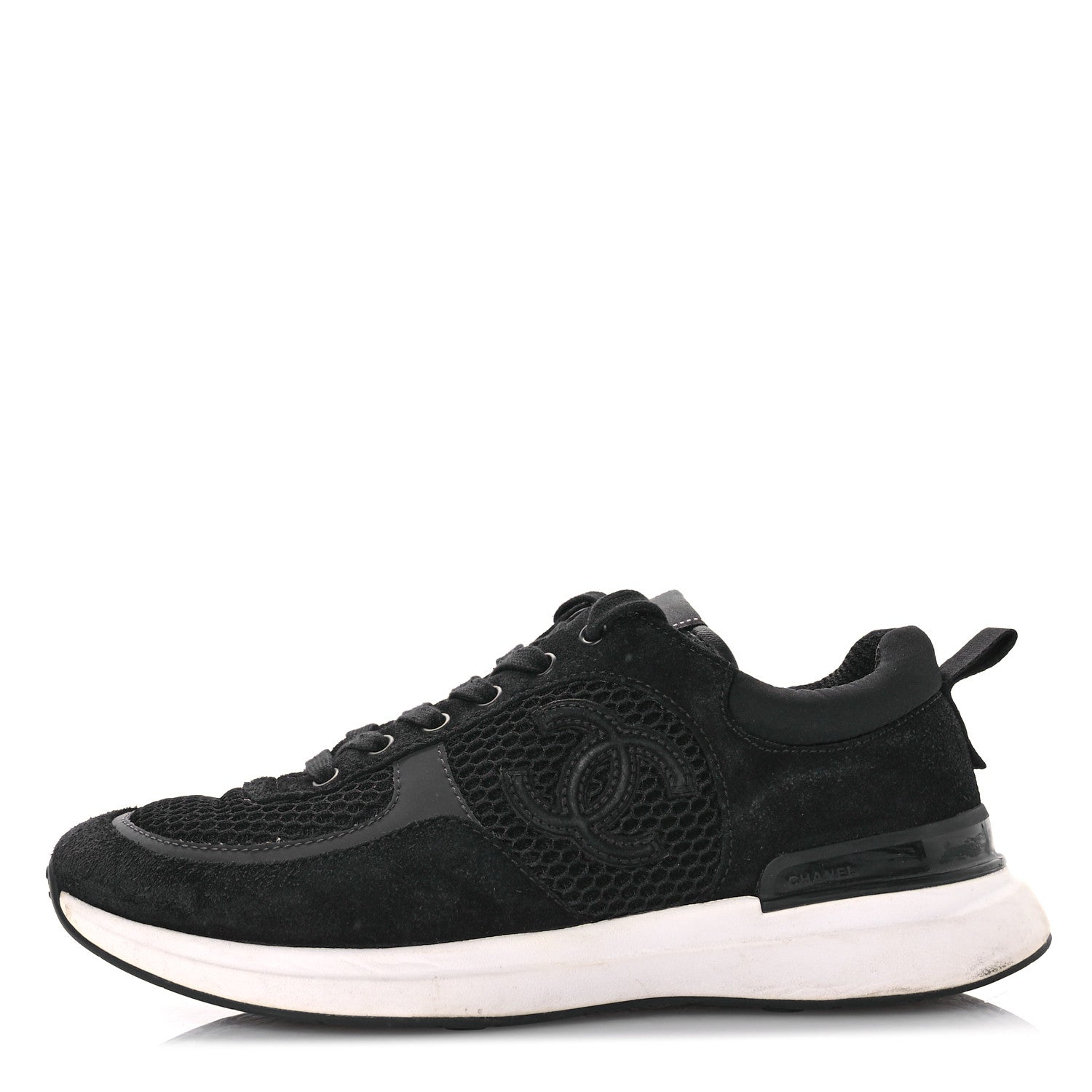 Chanel Calfskin Mesh Lycra Suede Womens Logo Sneakers 39 Black 1 of 9