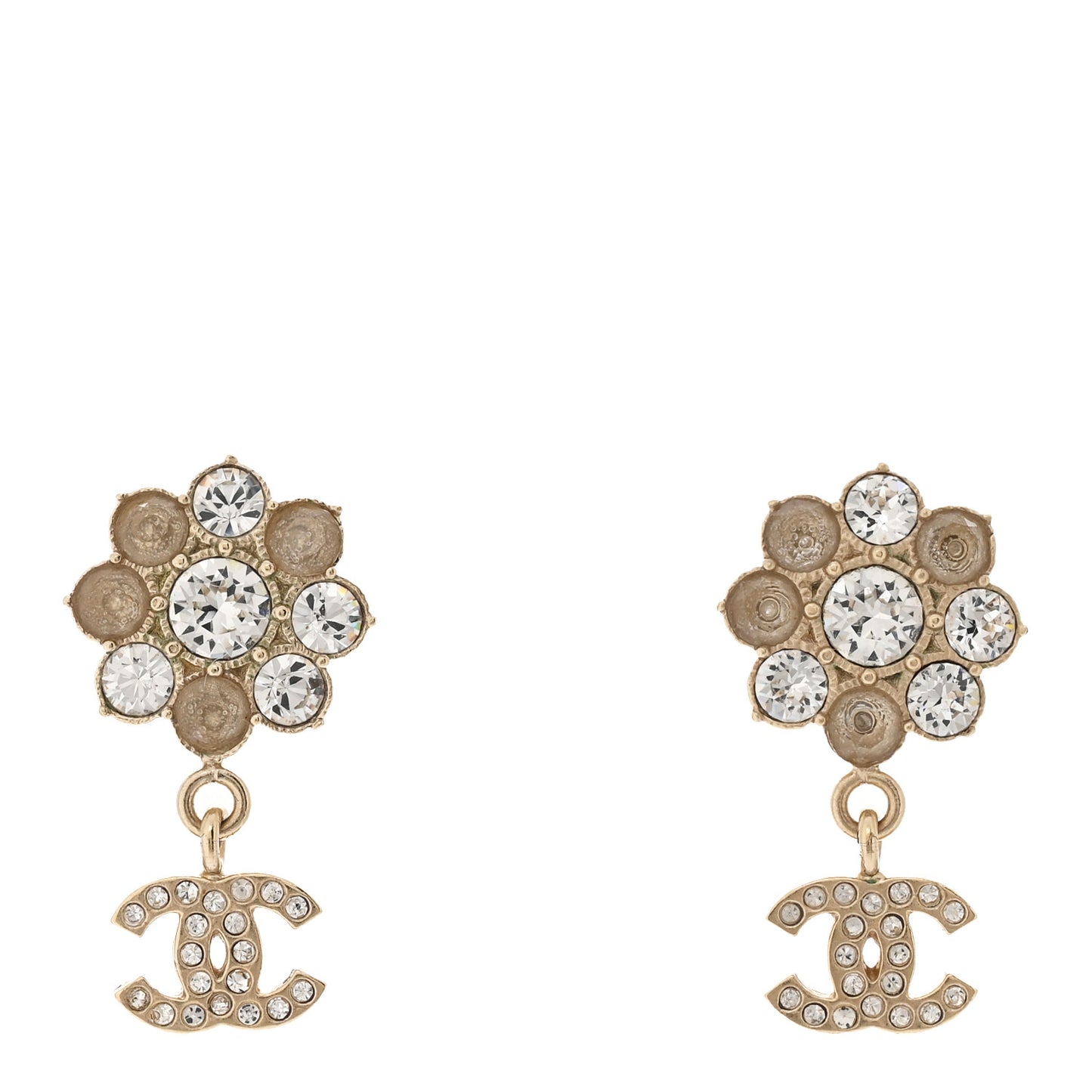 Crystal CC Flower Dangle Earrings Gold Beige