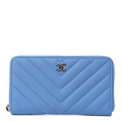Chanel Caviar Chevron Quilted Small Zip Around Wallet Blue 1 of 8