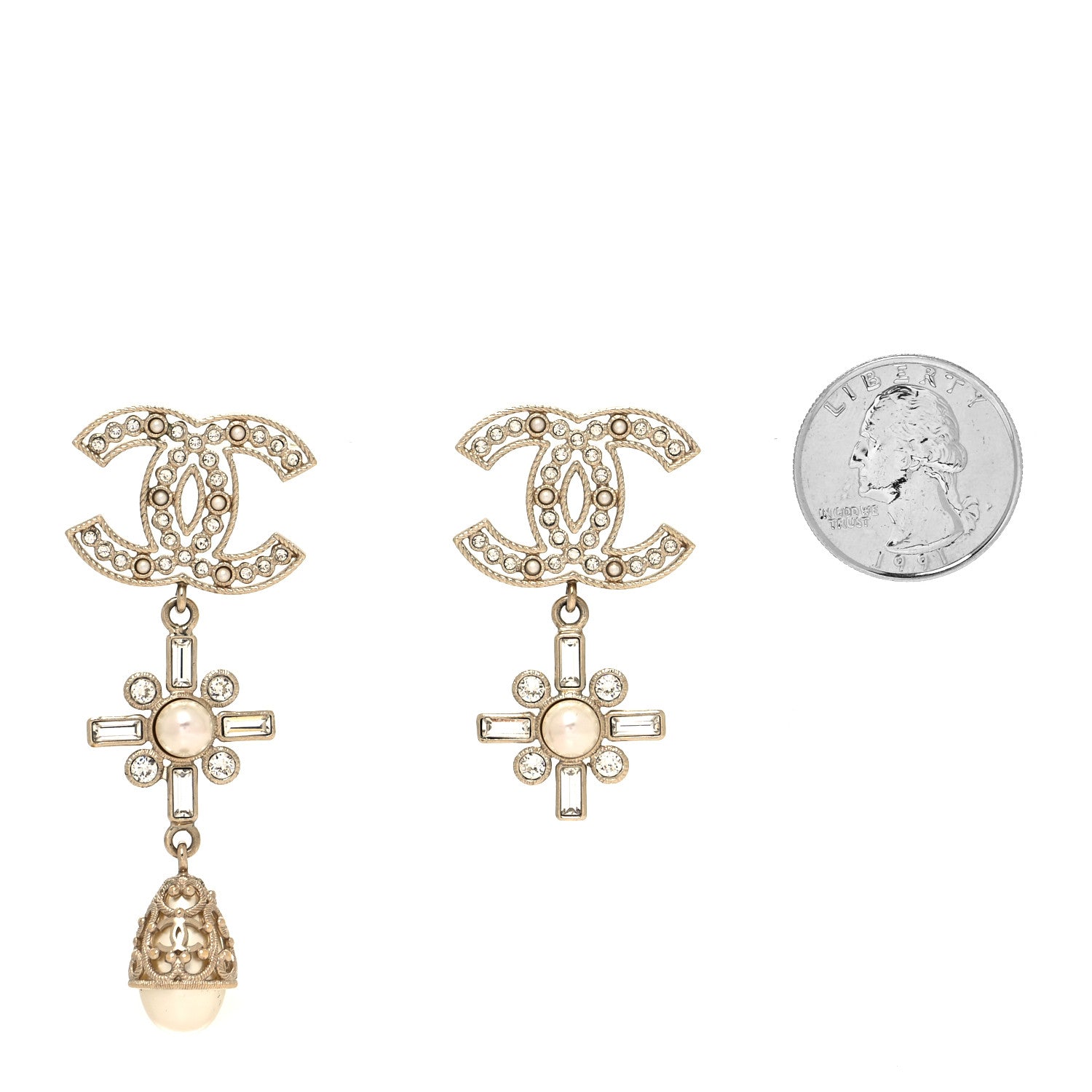 Chanel Metal Pearl Crystal CC Twist Teardrop Drop Earrings Gold 2 of 3