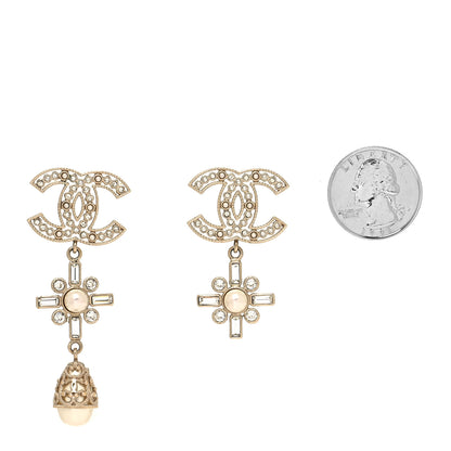 Chanel Metal Pearl Crystal CC Twist Teardrop Drop Earrings Gold 2 of 3