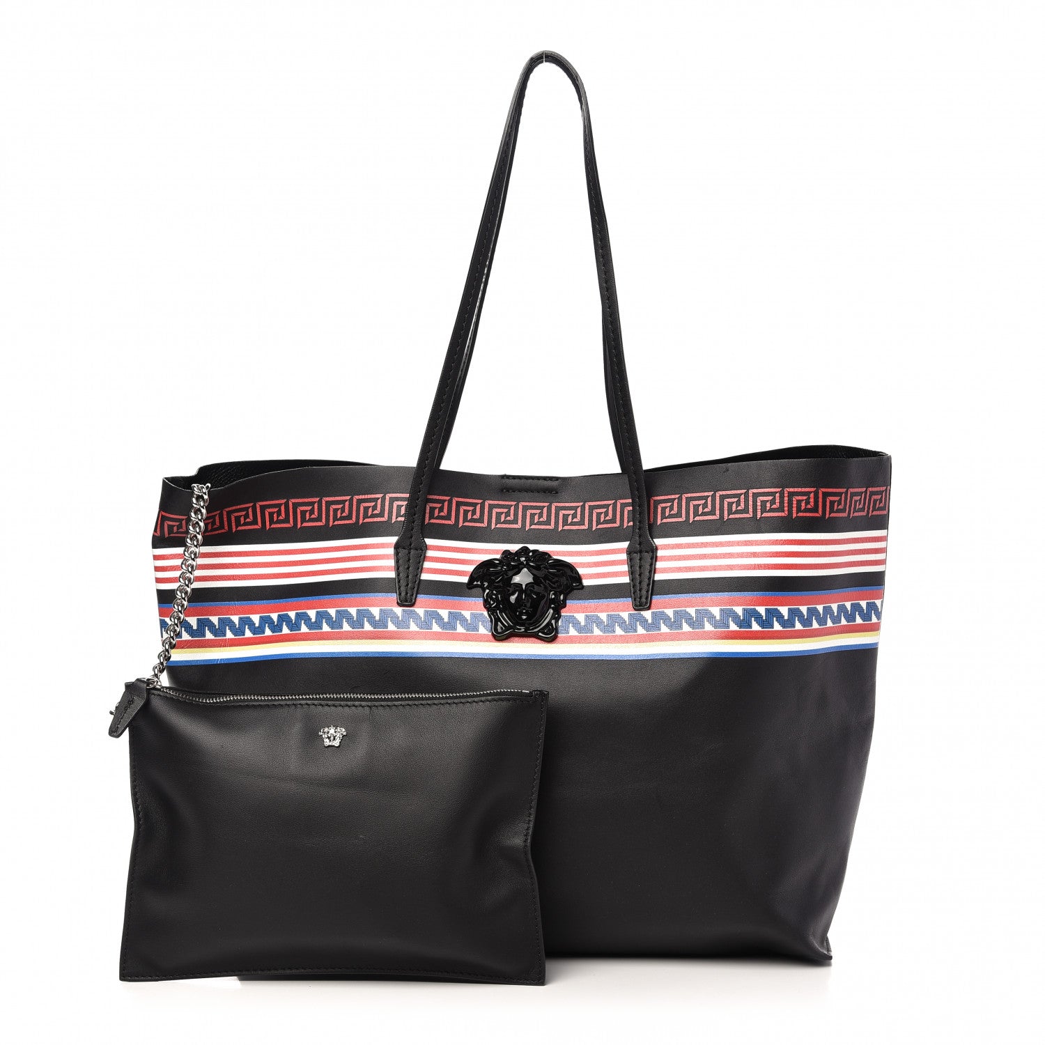 Versace Calfskin Stripe Greek City Key Tote Black 1 of 9
