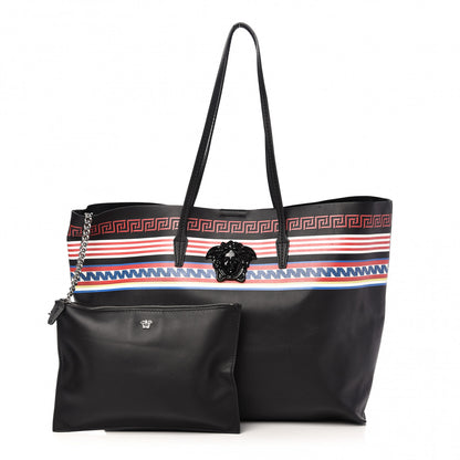 Versace Calfskin Stripe Greek City Key Tote Black 1 of 9