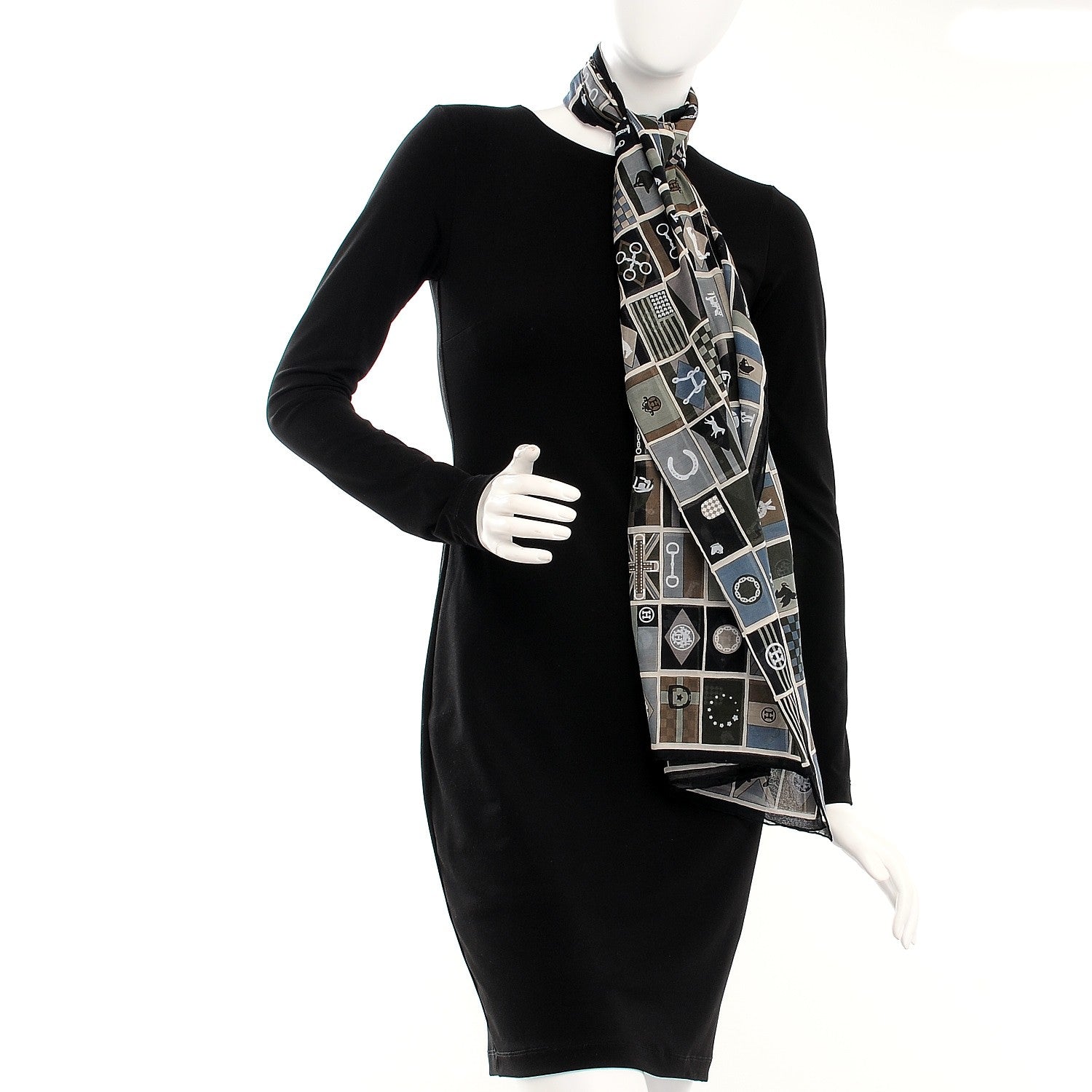 Hermes Cotton Silk en Voyage Stole Scarf Noir Vert De Gris Sepia 2 of 4