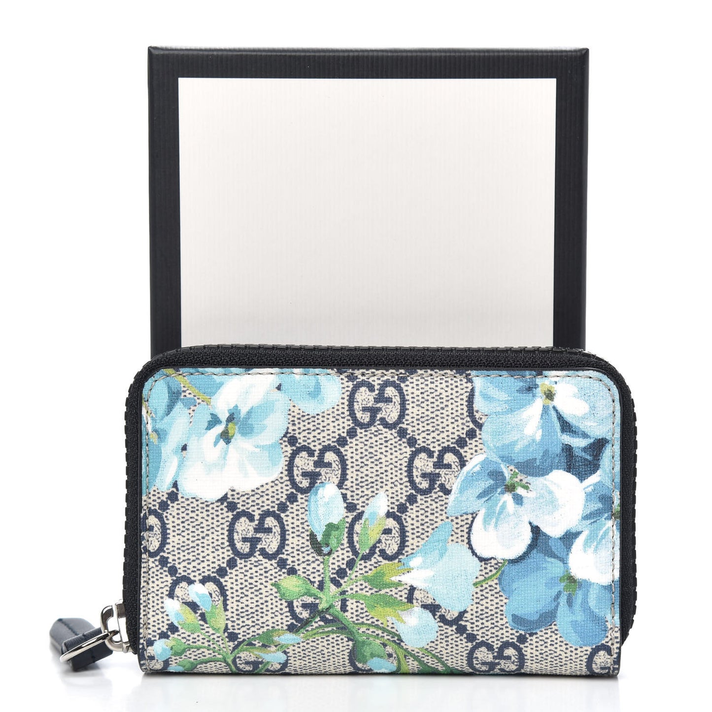 GG Supreme Monogram Blooms Zip Around Card Case Wallet Beige Blue Navy