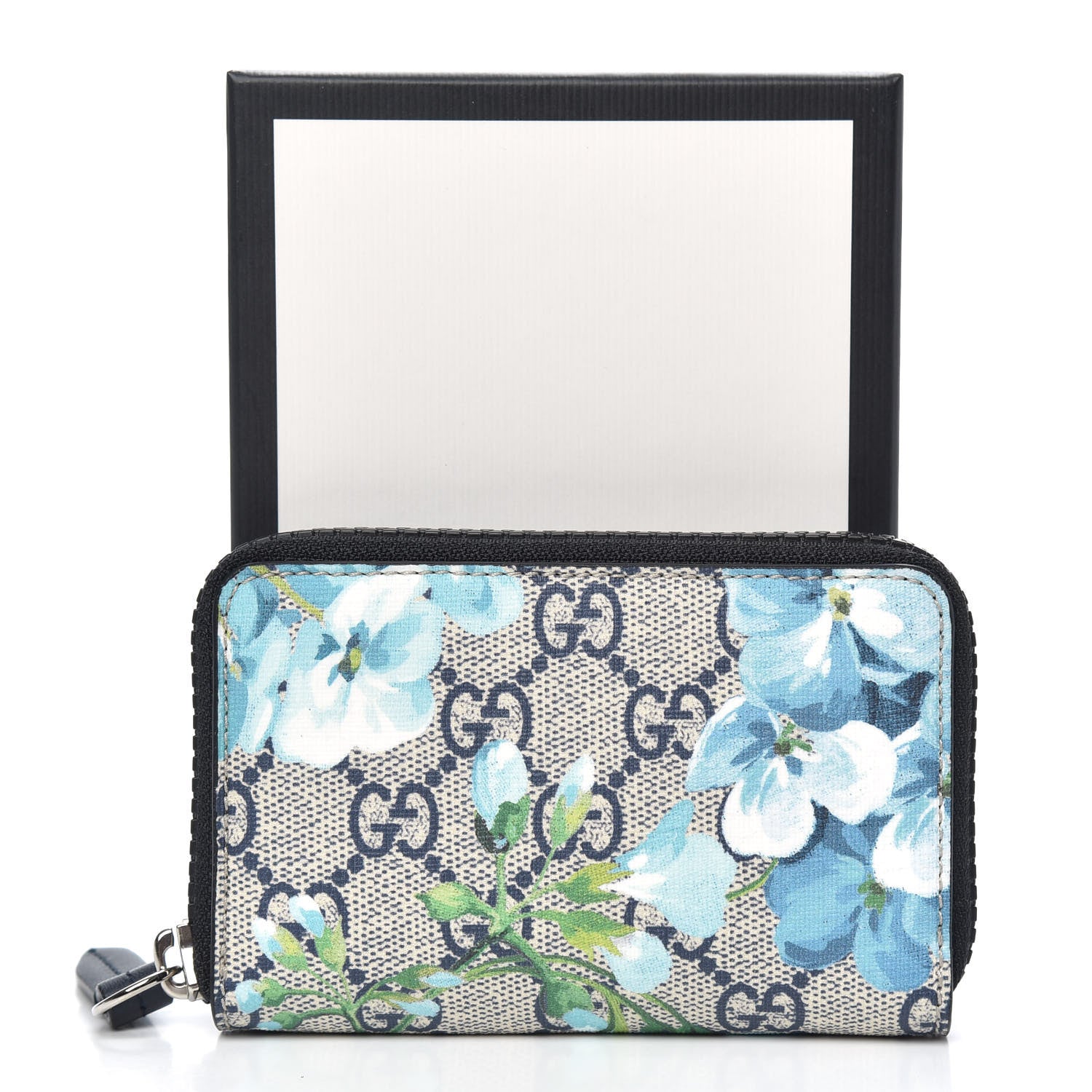 Gucci GG Supreme Monogram Blooms Zip Around Card Case Wallet Beige Blue Navy 7 of 7