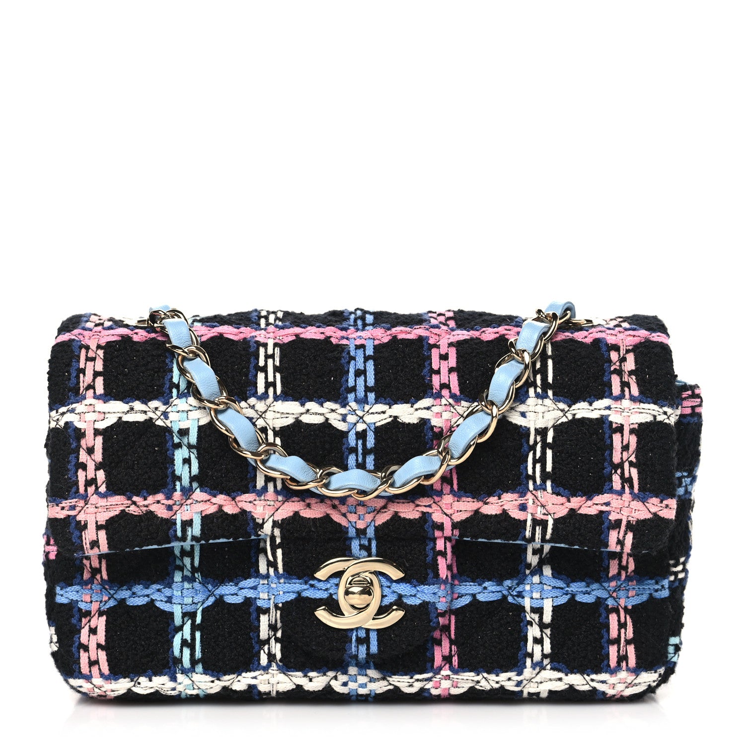 Chanel Tweed Quilted Mini Rectangular Flap Black Pink Blue Ecru 1 of 11