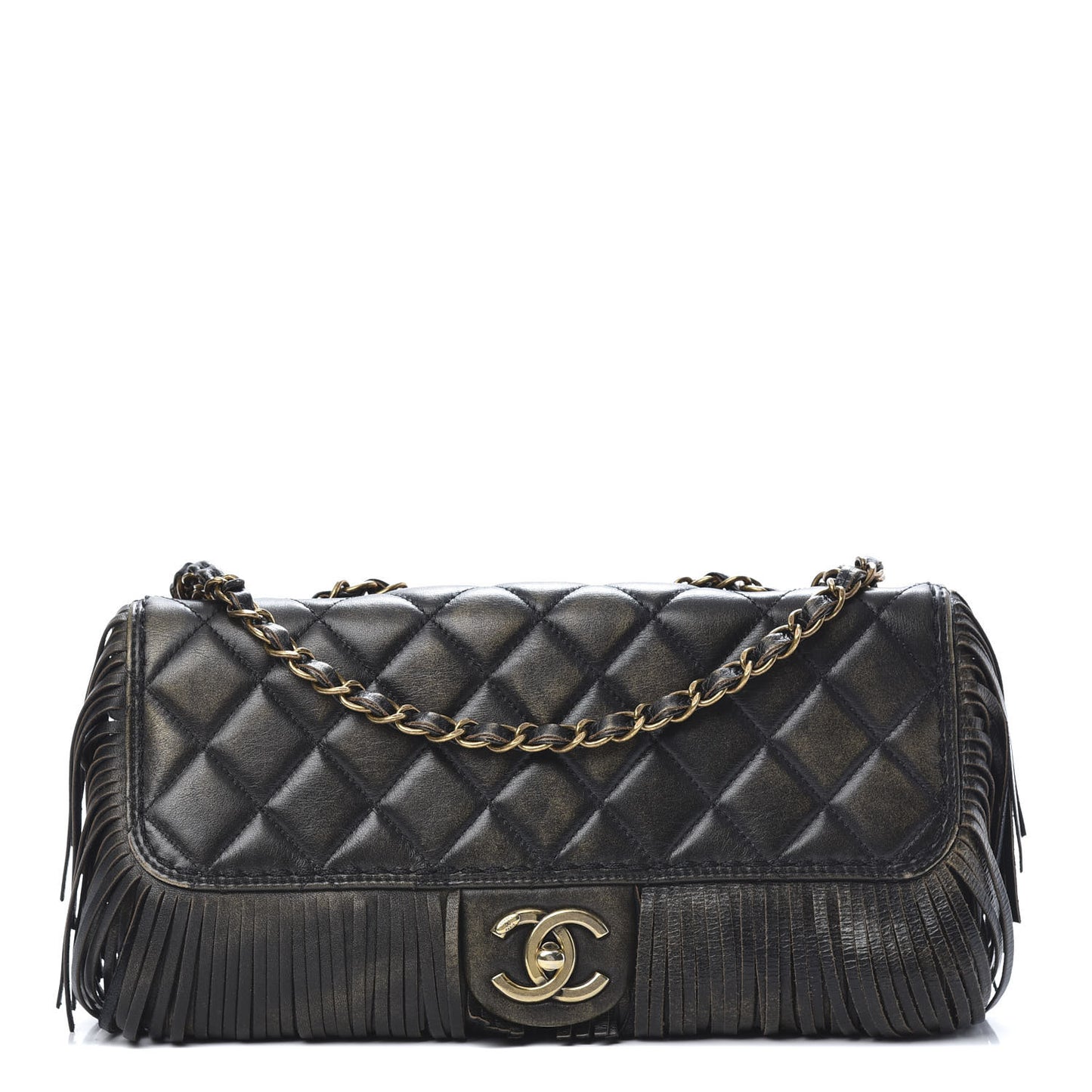 Metallic Calfskin Quilted Large Into The Fringe Flap Black
