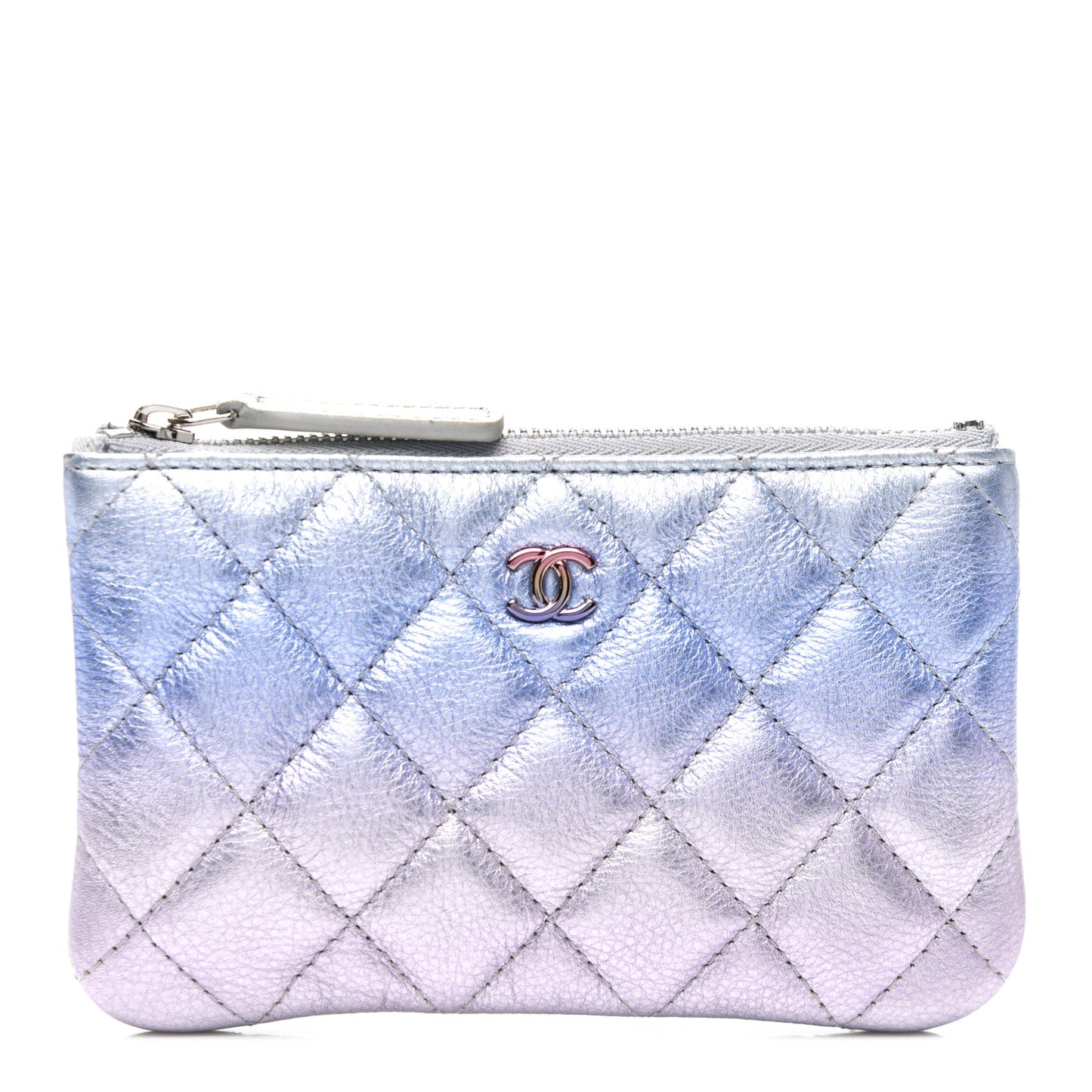 Gradient Metallic Calfskin Quilted Small Cosmetic Pouch Silver Blue Yellow Purple