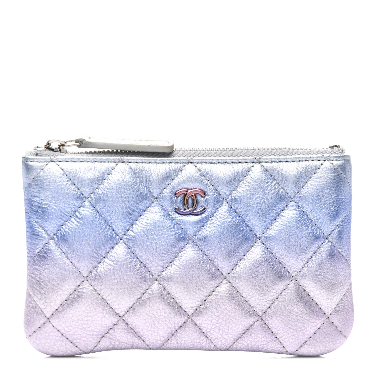 Chanel Gradient Metallic Calfskin Quilted Small Cosmetic Pouch Silver Blue Yellow Purple 1 of 8