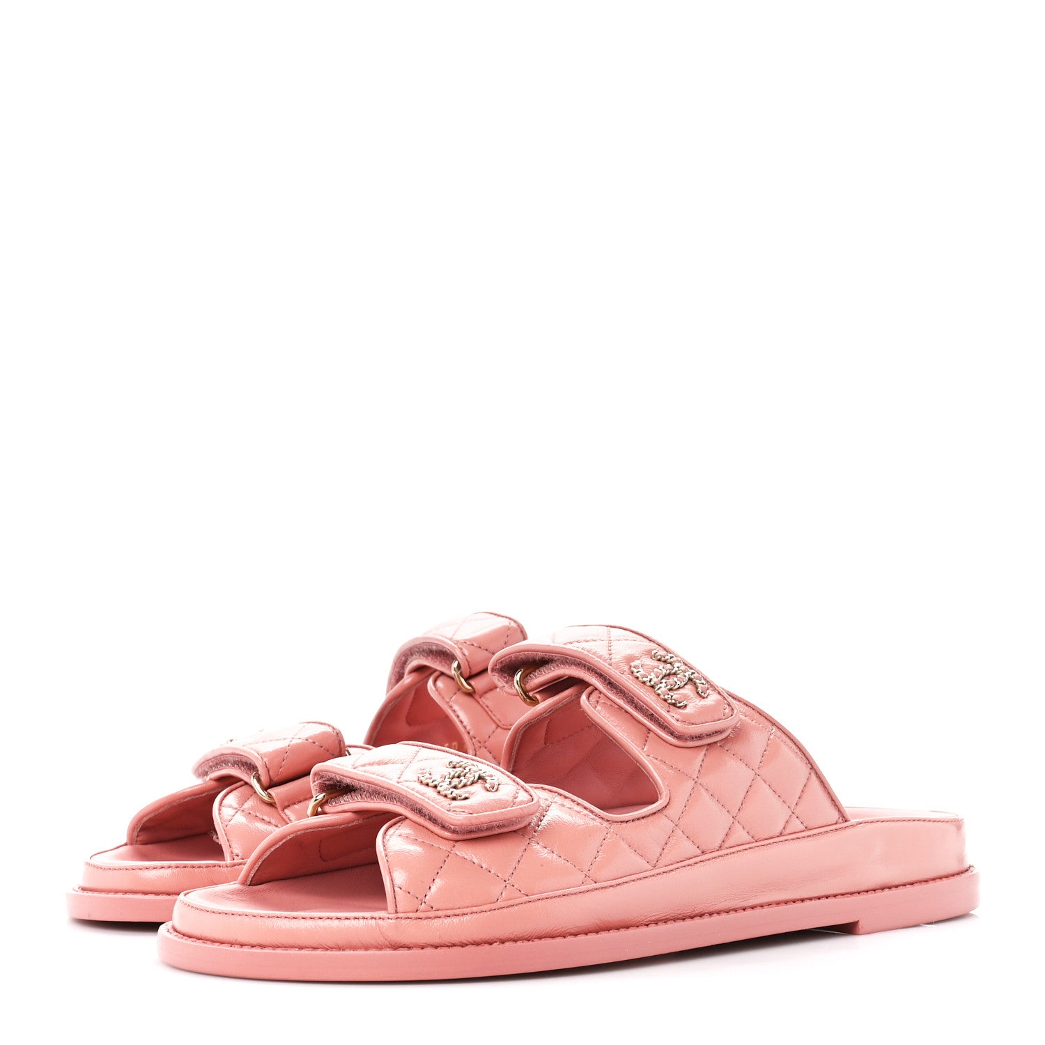 Chanel Lambskin Quilted Velcro Dad Chain CC Slide Sandals 39.5 Pink 3 of 9