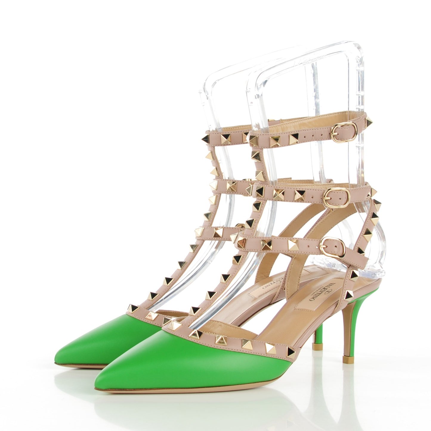 Calfskin Nappa Rockstud Ankle Strap 65mm Pumps 37 Green Poudre