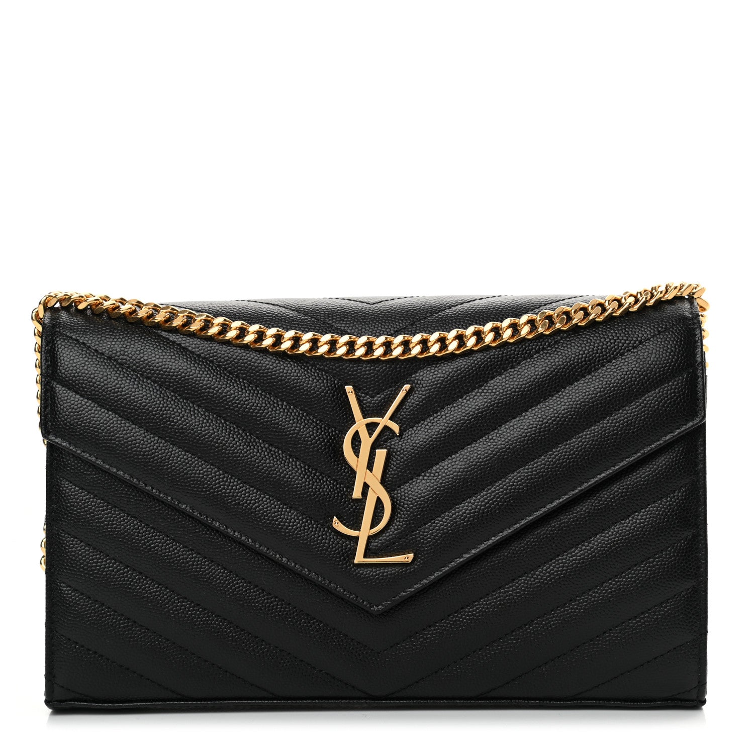 Saint Laurent Grain De Poudre Matelasse Chevron Monogram Chain Wallet Black 1 of 10