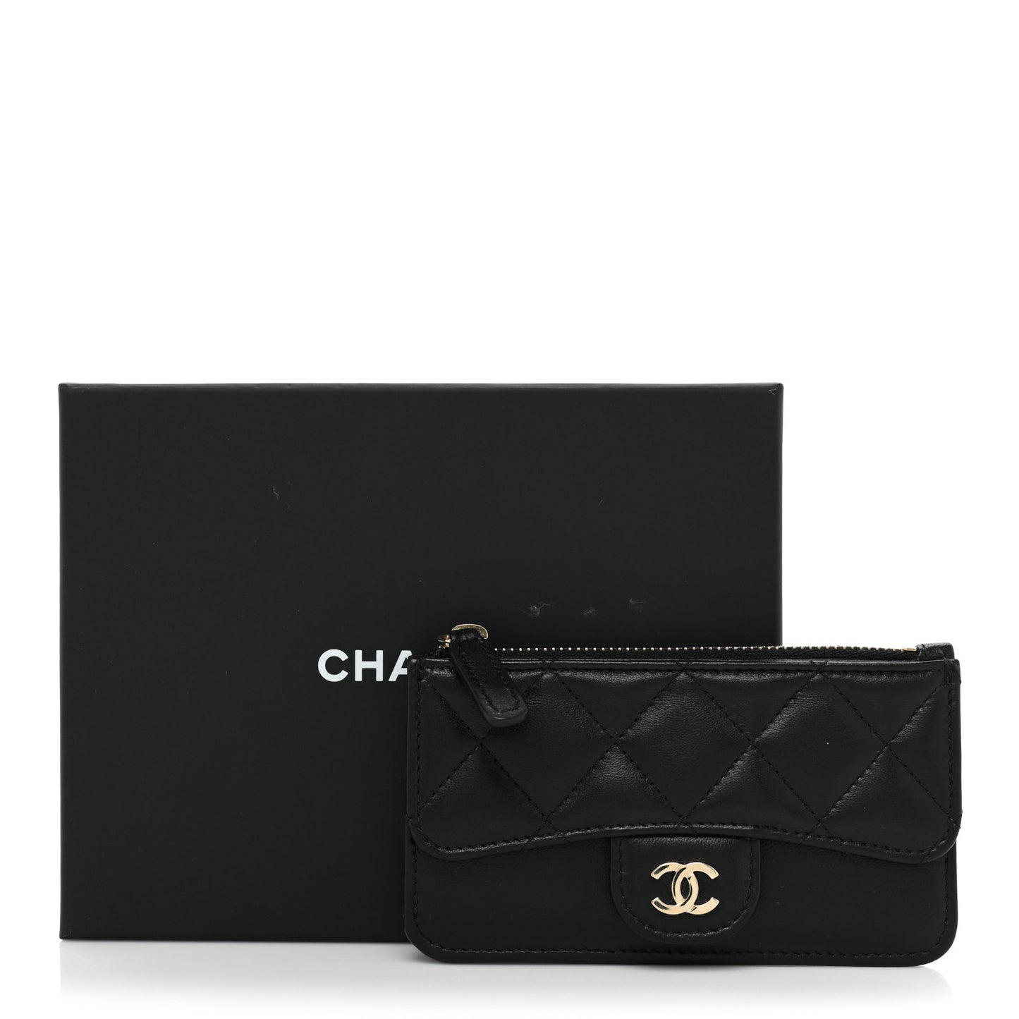 Lambskin Quilted Flap Zip Card Holder Black