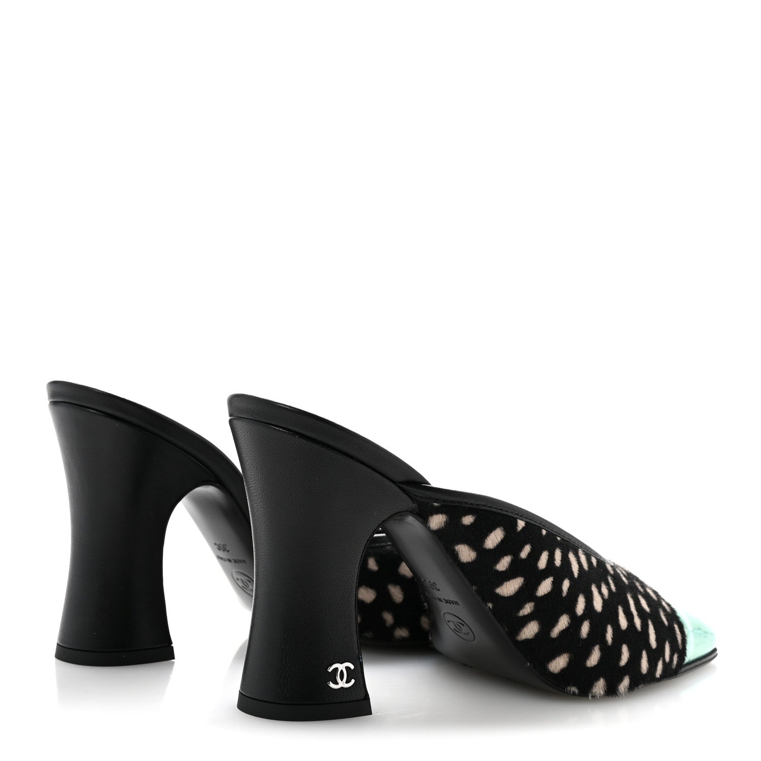 Chanel Pony Hair Lambskin Patent Calfskin Cap Toe Mules 39 Black White Green 5 of 10