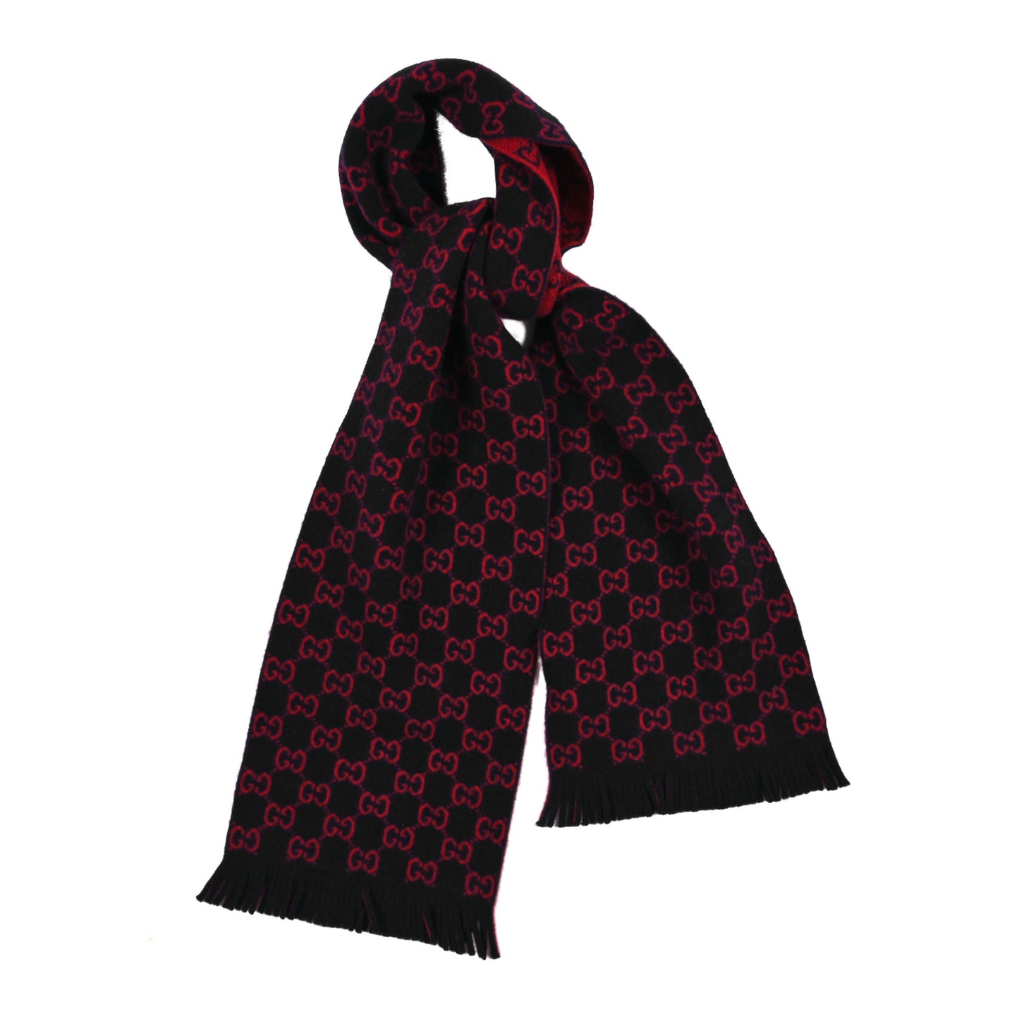 Wool GG Monogram Knit Longfog Fringe Scarf Midnight Blue Red