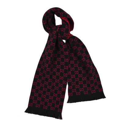 Gucci Wool GG Monogram Knit Longfog Fringe Scarf Midnight Blue Red 1 of 4