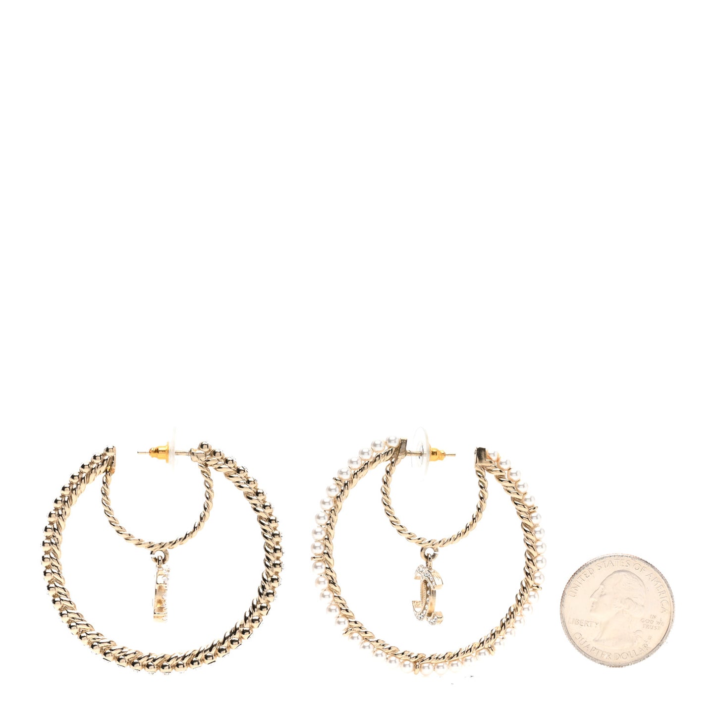 Crystal Pearl CC Drop Hoop Earrings Gold Pearly White
