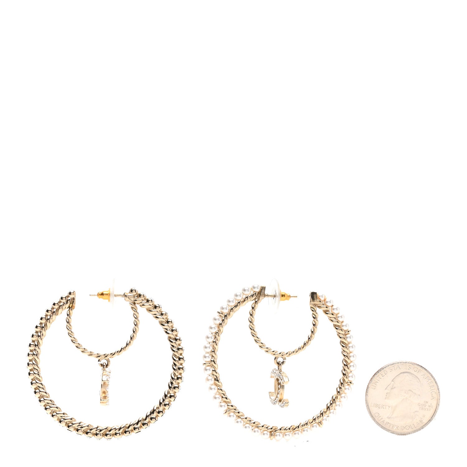 Chanel Crystal Pearl CC Drop Hoop Earrings Gold Pearly White 2 of 4