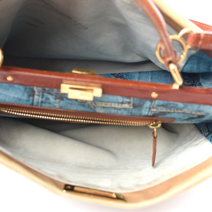 Fendi Vitello Saddle Denim Large Peekaboo Iconic Satchel Brown 5 of 9