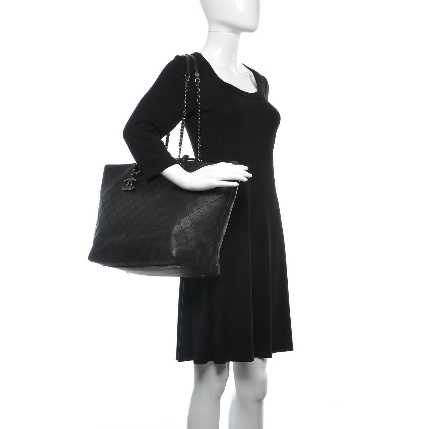 Calfskin Stitched Large Shopping Tote Black