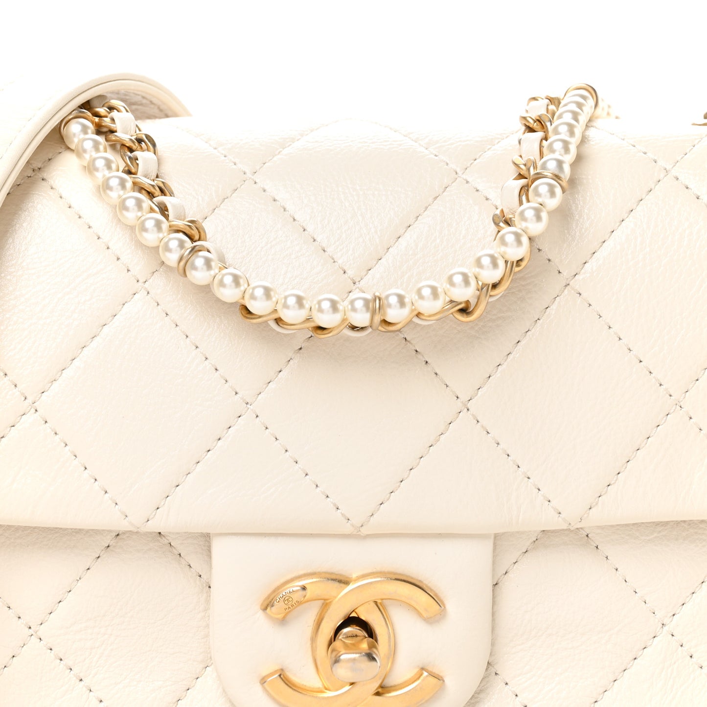 Calfskin Quilted Crystal Pearls Small Flap Bag White