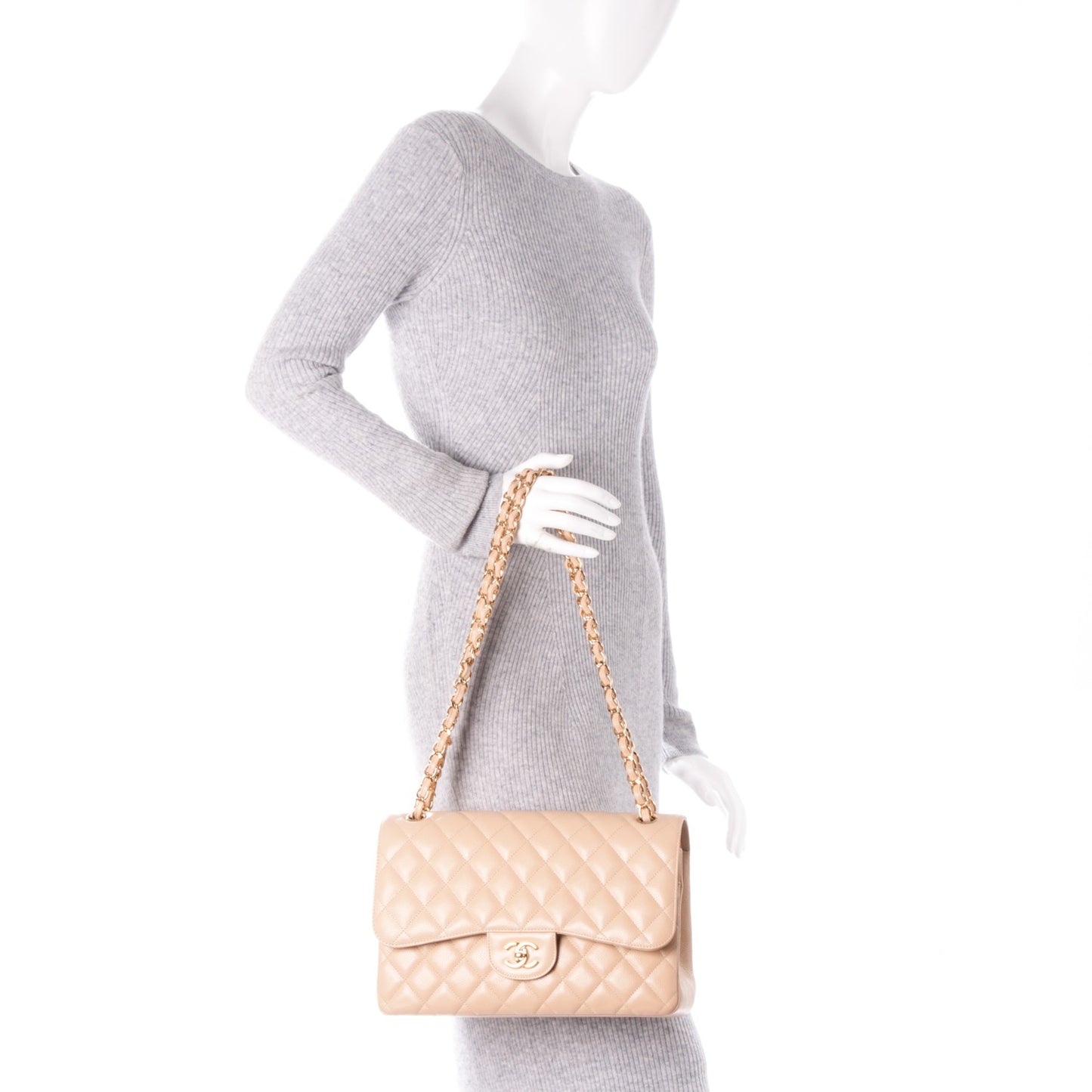 Caviar Quilted Jumbo Double Flap Beige Clair