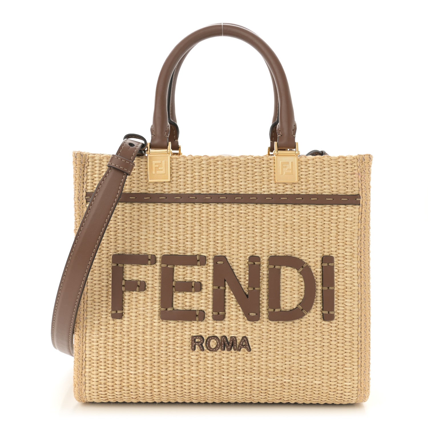 Fendi Paglia Chicco Riso Vitello Grace Logo Embroidered Small Fendi Sunshine Shopper Tote Alchemy Gianduia 1 of 12