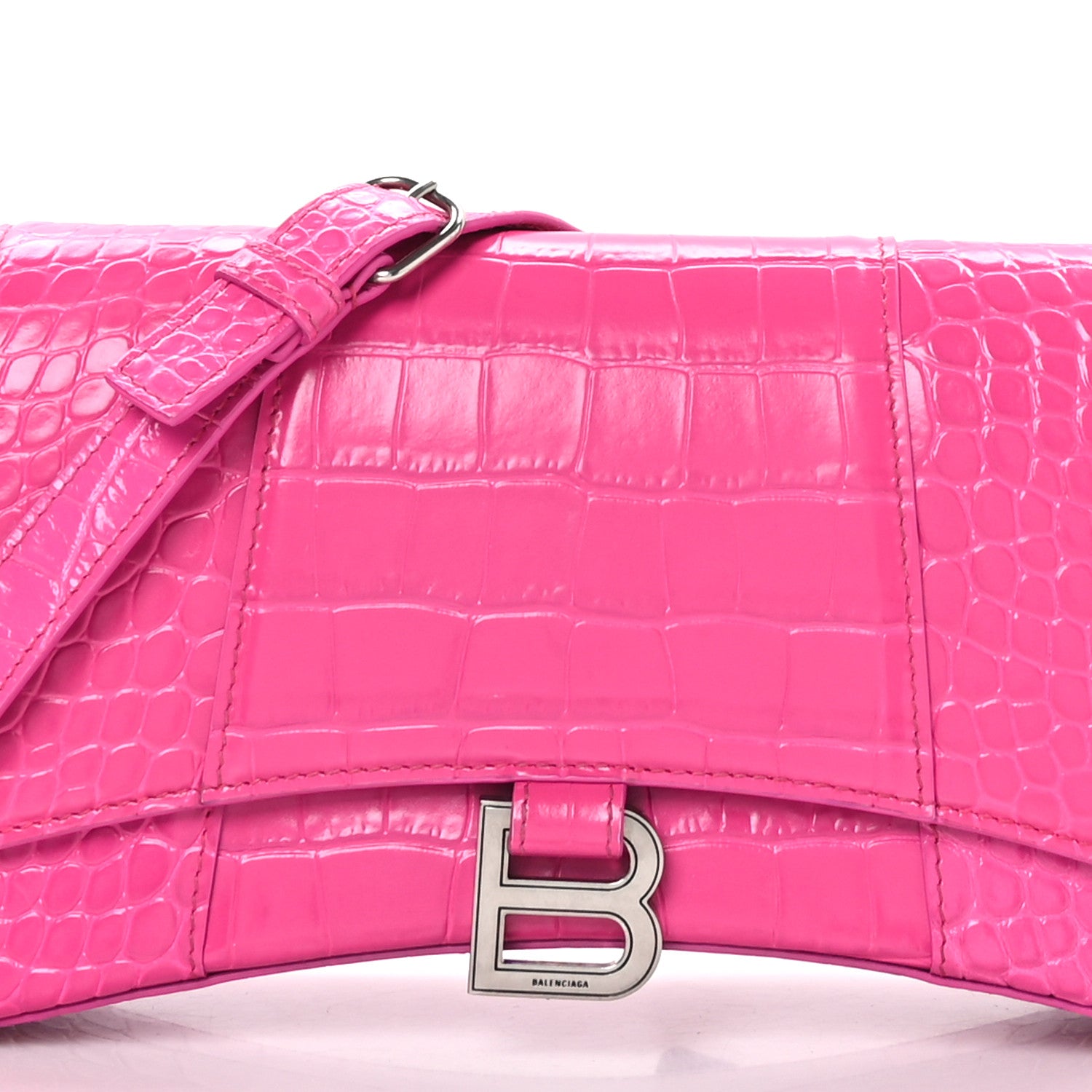 Balenciaga Shiny Calfskin Crocodile Embossed Small Hourglass Sling Shoulder Bag Fuchsia 9 of 15