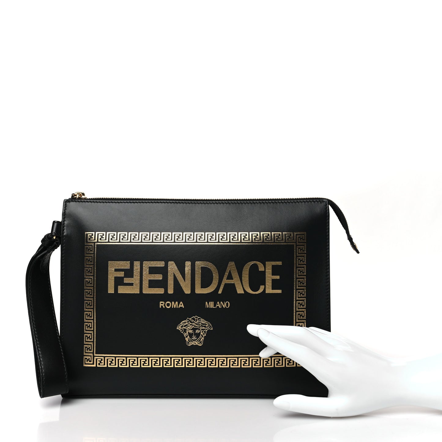 X VERSACE Vitello Grace Fendace FF Baroque Logo Large Flat Pouch Black