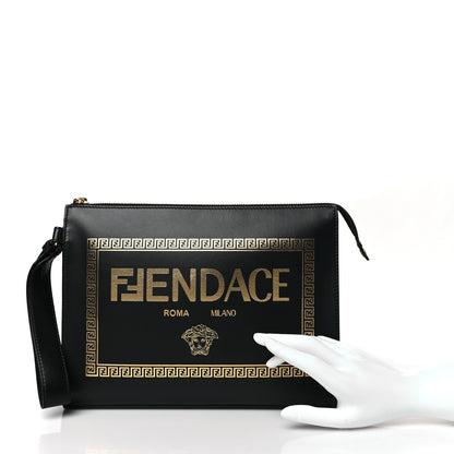 Fendi X VERSACE Vitello Grace Fendace FF Baroque Logo Large Flat Pouch Black 2 of 8