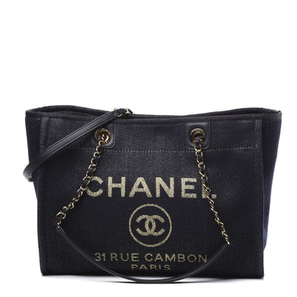Chanel Lurex Canvas Small Deauville Tote Navy Blue Gold 1 of 9