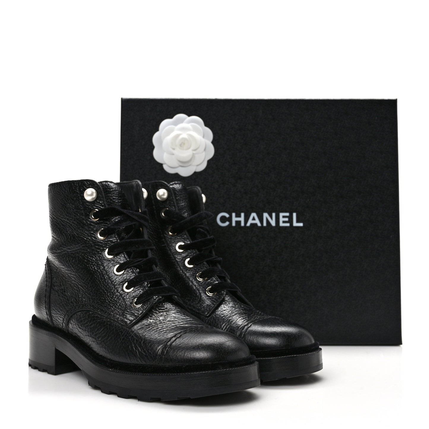 Shiny Calfskin Velvet Pearl Combat Short Boots 38.5 Black