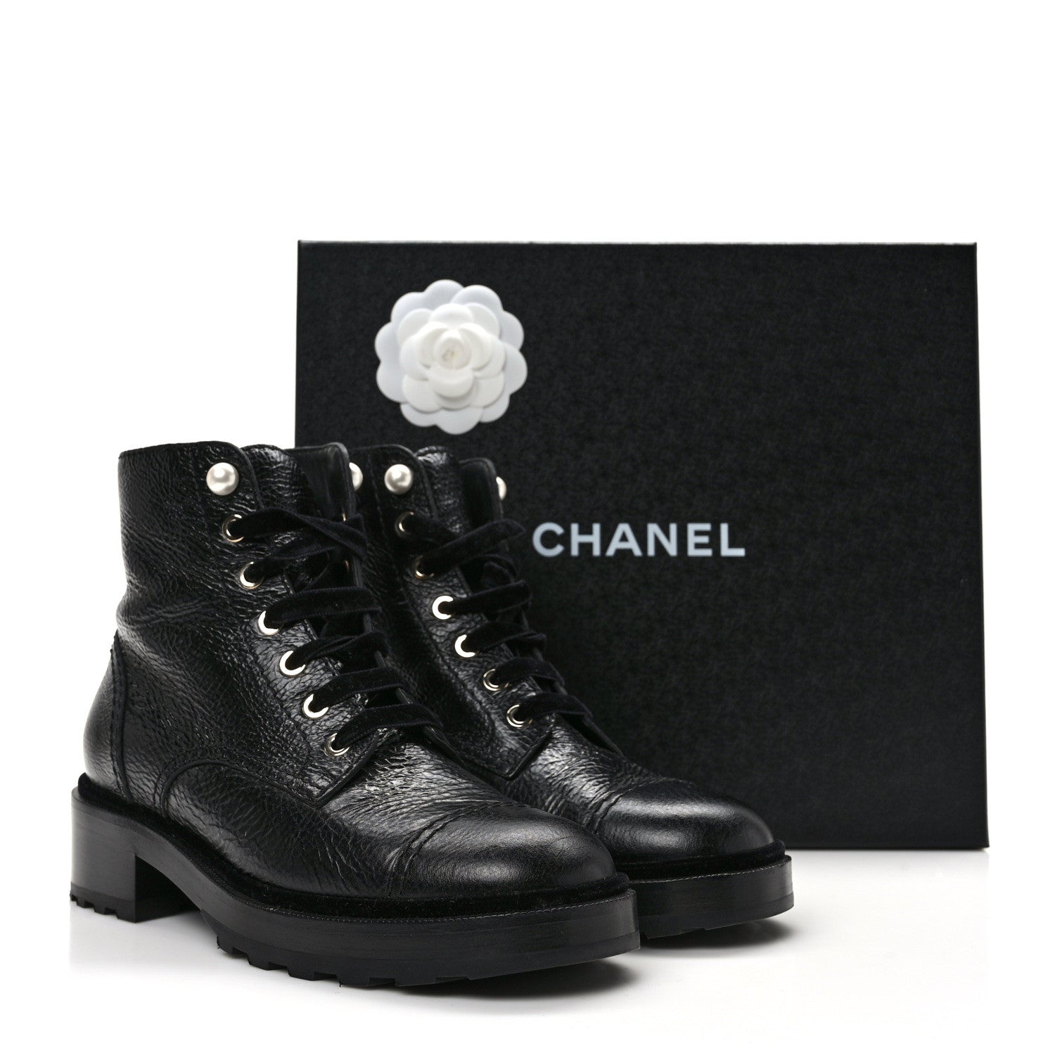Chanel Shiny Calfskin Velvet Pearl Combat Short Boots 38.5 Black 9 of 9