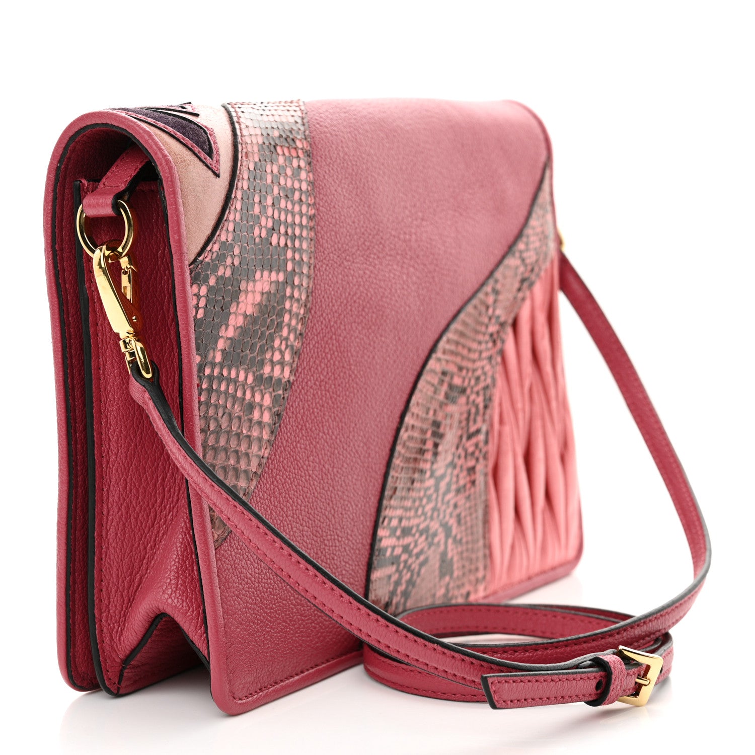 Miu Miu Goatskin Snakeskin Madras Nappa Matelasse Patchwork Shoulder Bag  Rosa 3 of 11