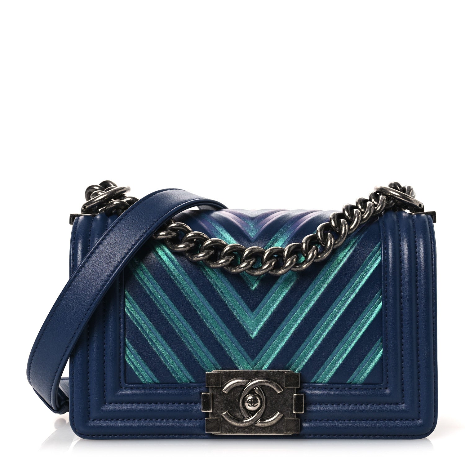 Chanel Calfskin Painted Chevron Embossed Small Boy Flap Dark Blue 1 of 11
